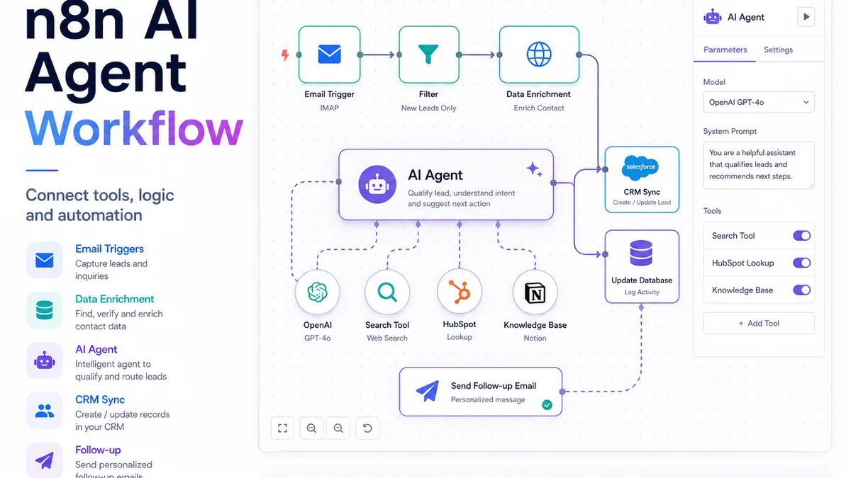 API automation workflow infographic showing app connectors, data enrichment and CRM updates