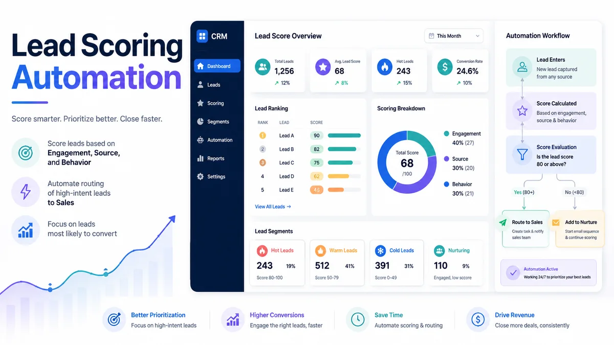 Lead qualification automation infographic showing lead scoring, routing and sales readiness