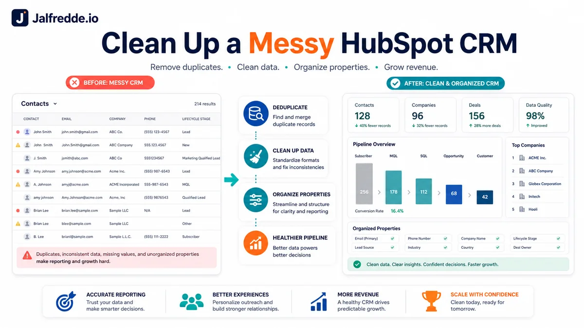 HubSpot CRM cleanup infographic showing messy CRM data becoming organized records