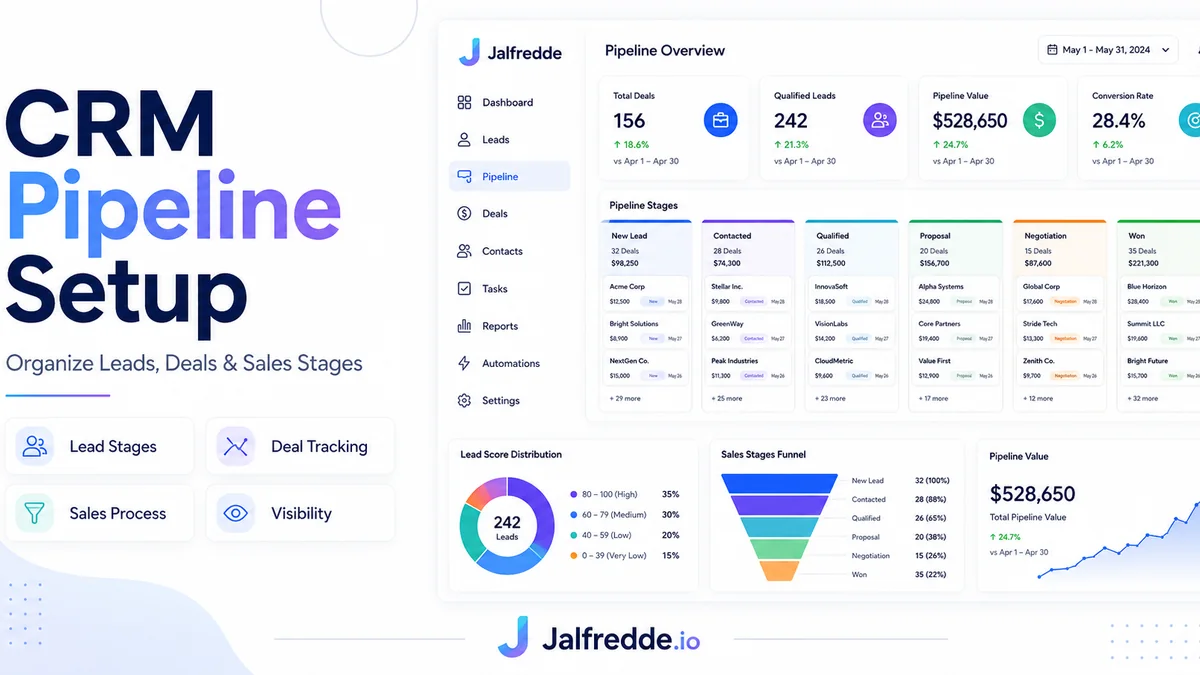 CRM pipeline setup infographic showing leads, deals, sales stages and reporting