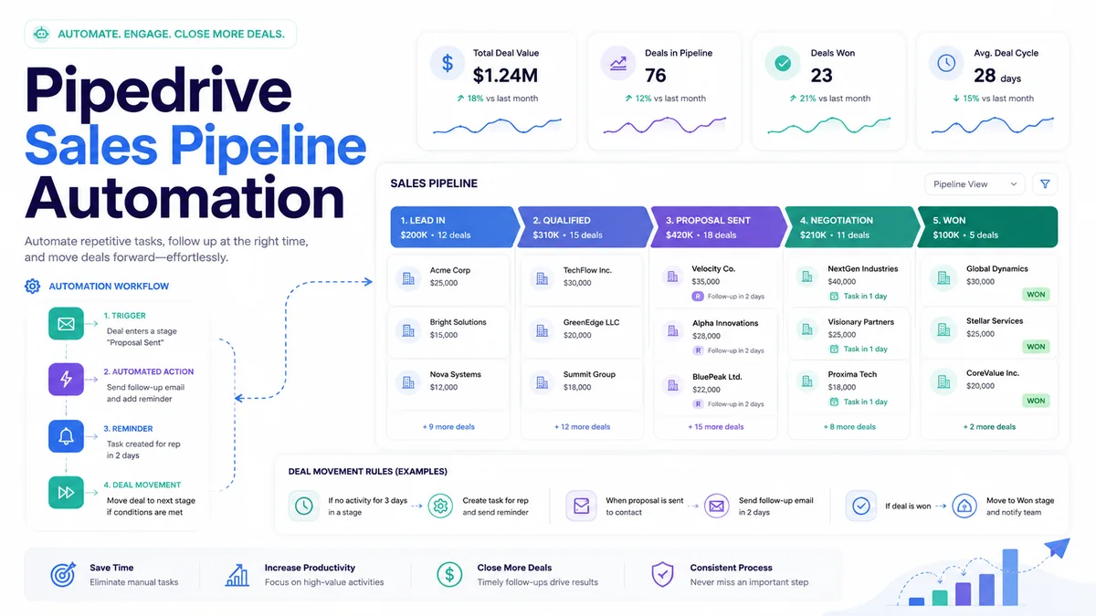 GoHighLevel pipeline setup infographic showing opportunity stages and deal movement automation