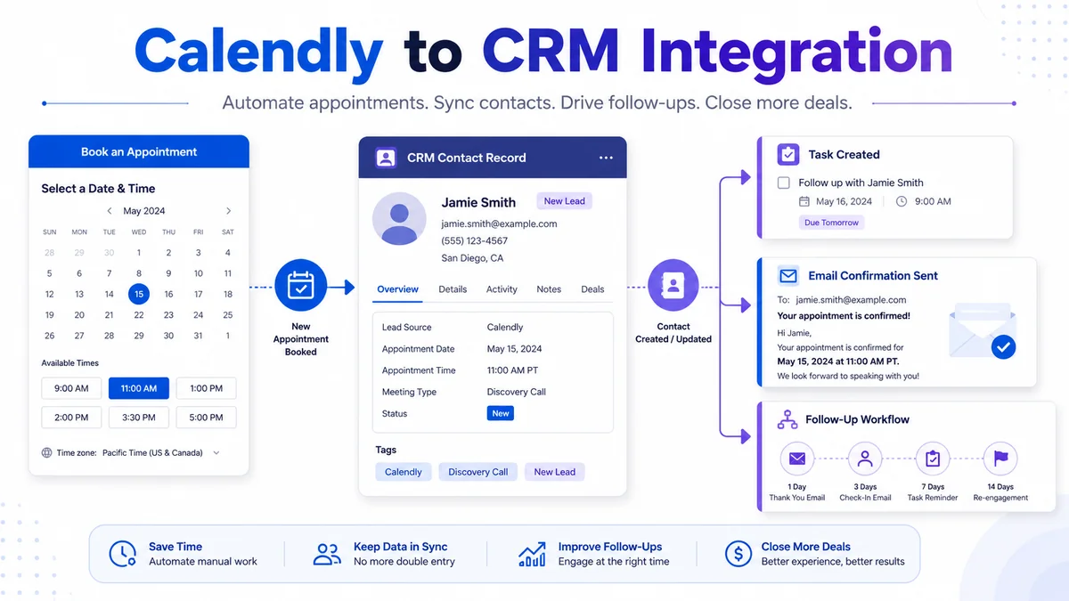 GoHighLevel calendar automation infographic showing appointment booking to CRM follow-up workflow