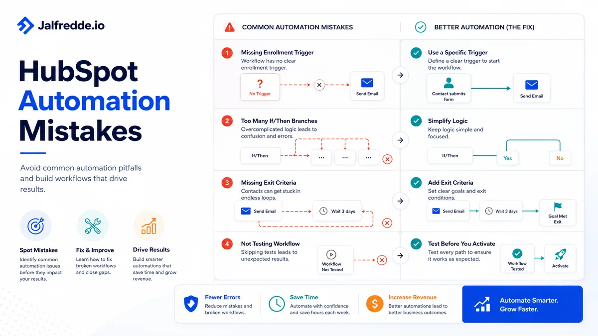 GoHighLevel CRM setup mistakes infographic showing workflow issues and corrected automation structure