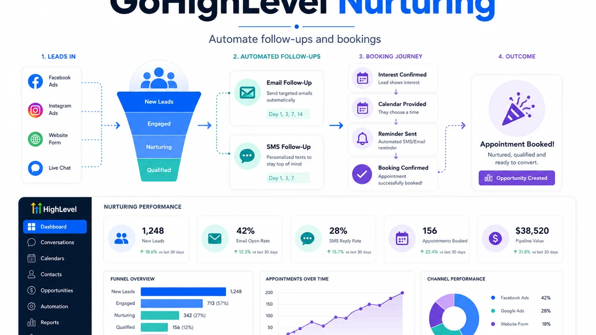GoHighLevel funnel setup infographic showing local service lead capture, follow-up and bookings