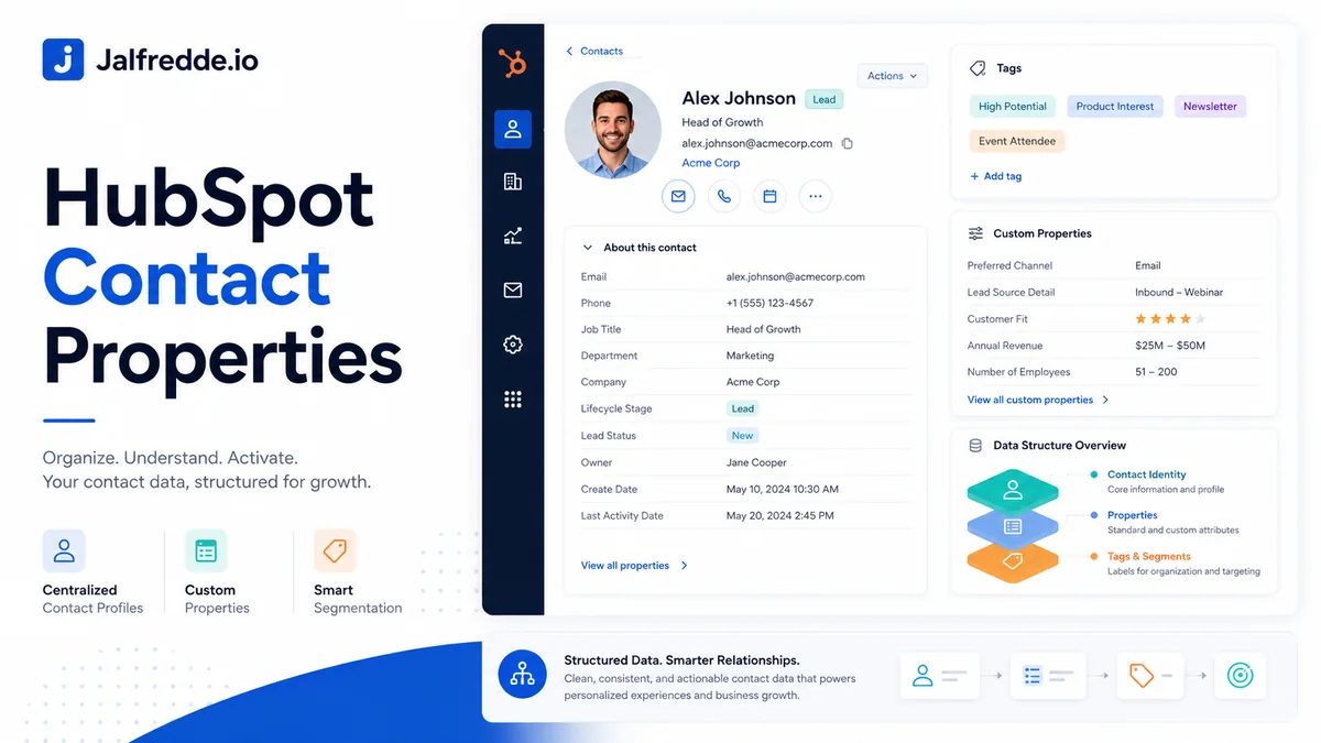 HubSpot contact properties infographic showing CRM fields, labels and customer data structure