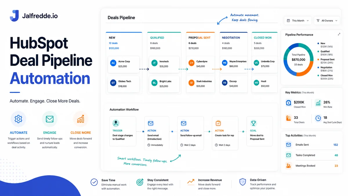 HubSpot deal pipeline automation infographic showing pipeline movement and sales workflow rules