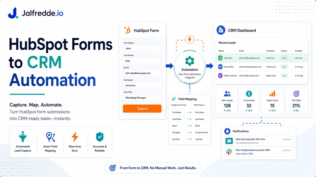 HubSpot forms to CRM automation infographic showing form capture and field mapping