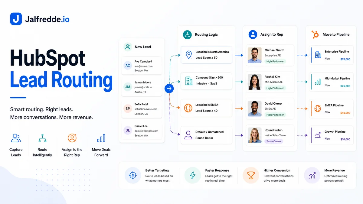 HubSpot lead routing infographic showing automatic lead assignment and CRM workflows