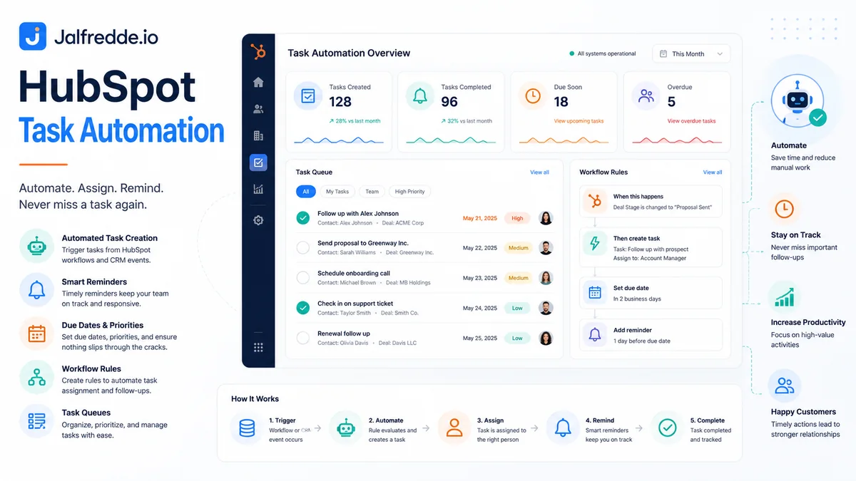HubSpot task automation infographic showing sales follow-up reminders and task triggers