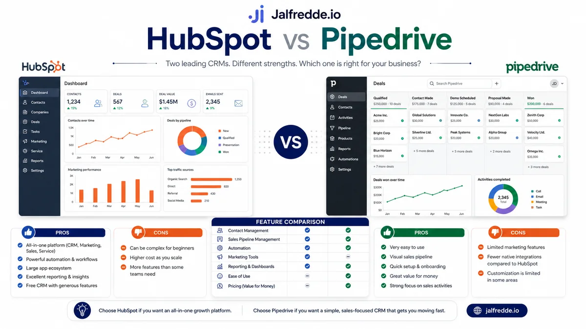 HubSpot vs Pipedrive infographic comparing CRM automation and pipeline workflows