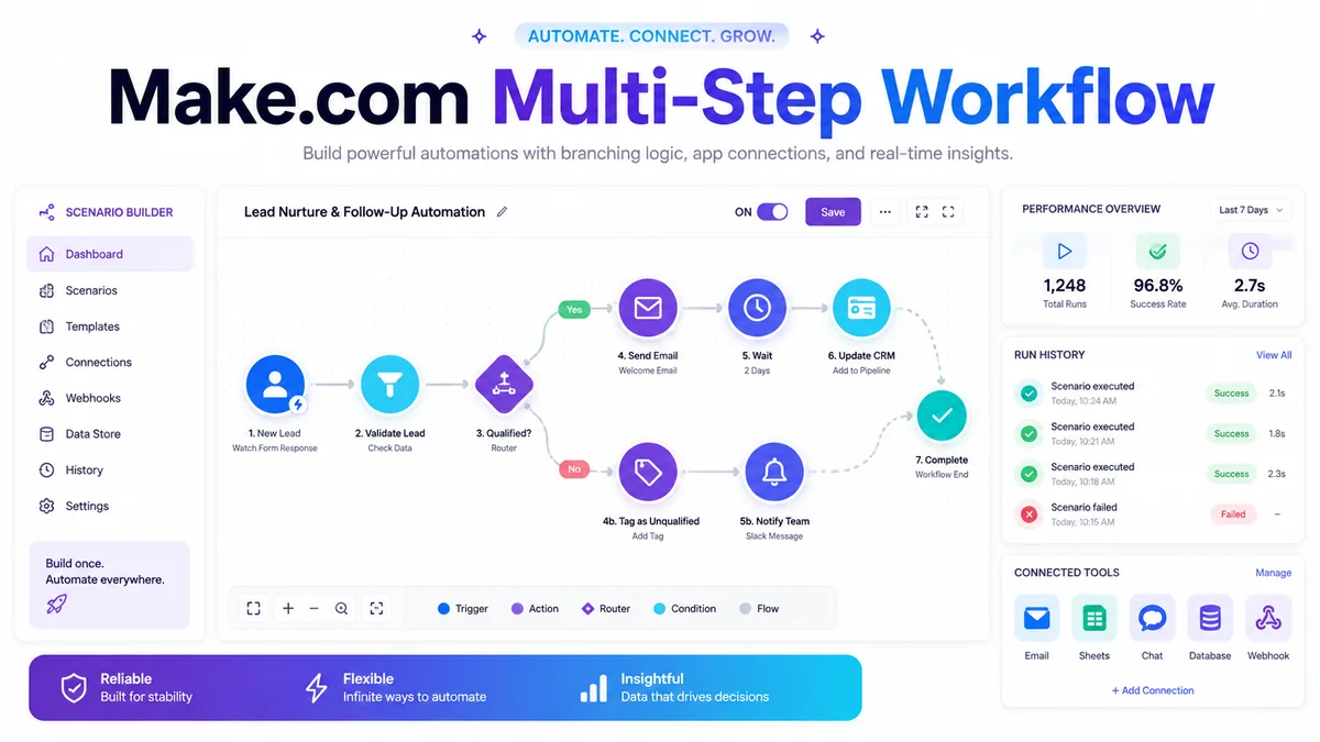 Make.com lead capture and follow-up infographic showing multi-step automation logic