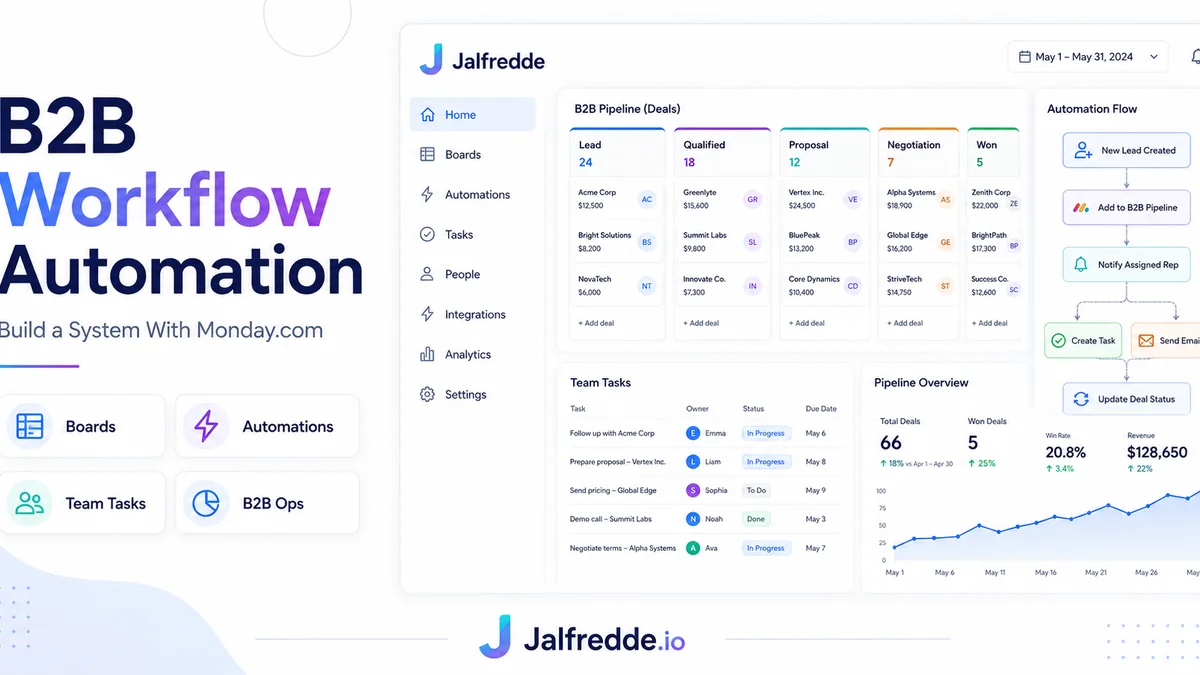 B2B workflow automation infographic showing Monday.com style boards, tasks and handoffs