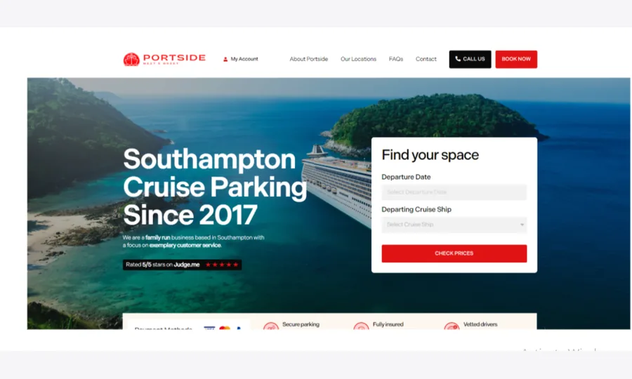 WordPress cruise parking booking website hero section with booking form and Southampton cruise parking message