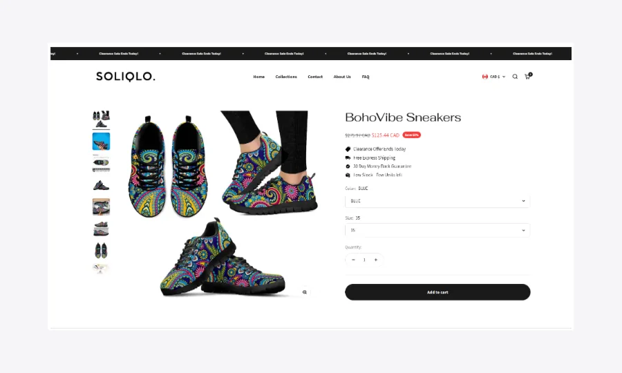 Soliqlo Shopify product page customization showing BohoVibe sneakers product layout