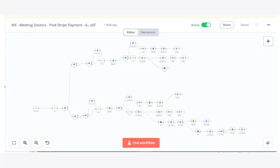 n8n workflow canvas connecting Stripe payments, Google Sheets, Gmail, HubSpot and Zendesk automations