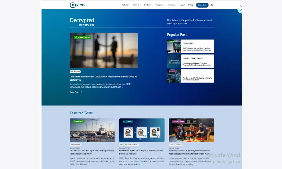 Virtru blog HubSpot API integration screenshot showing blog grid and content marketing layout